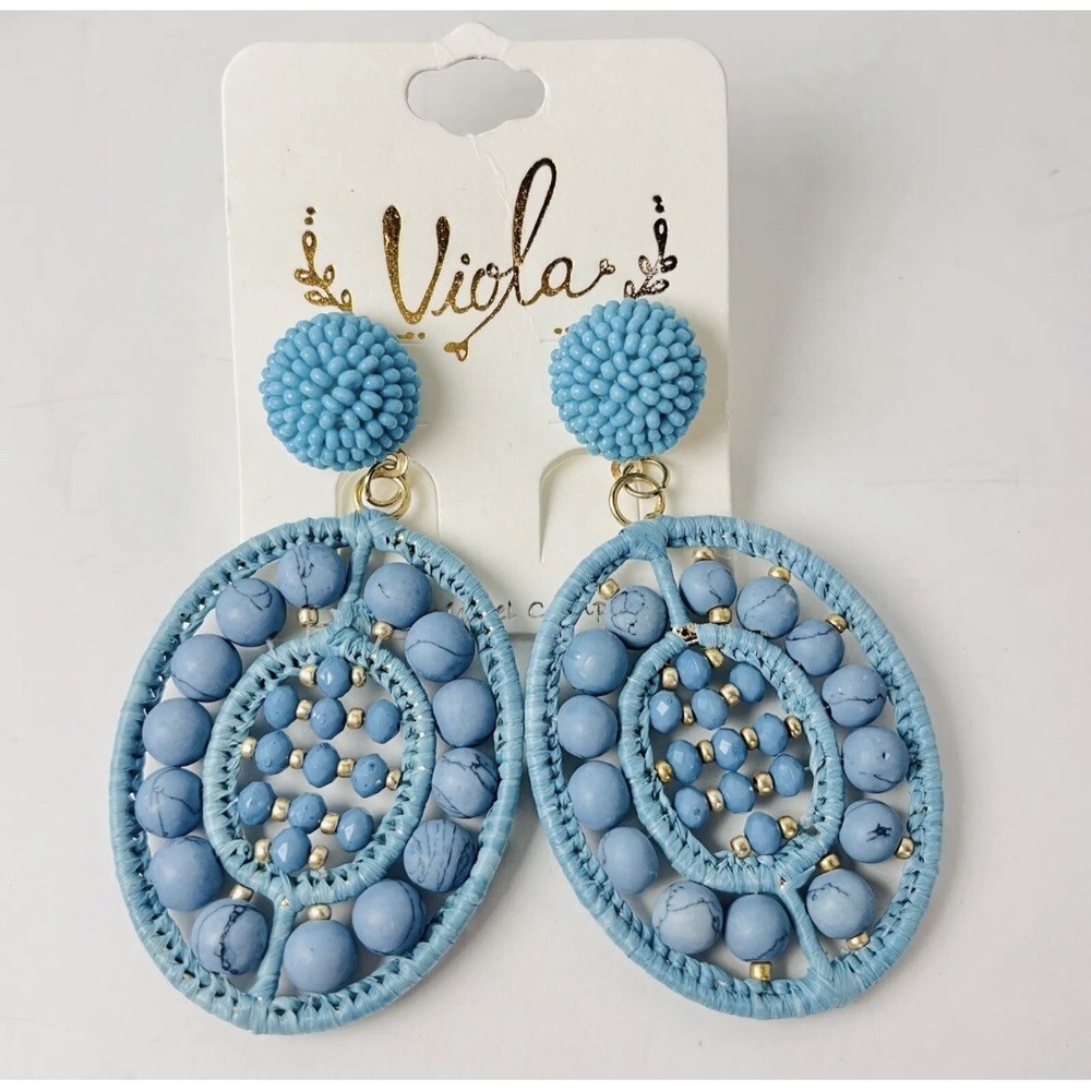 Viola Beaded Stone‎ Raffia Dangle Earrings Turquoise Blue Boho